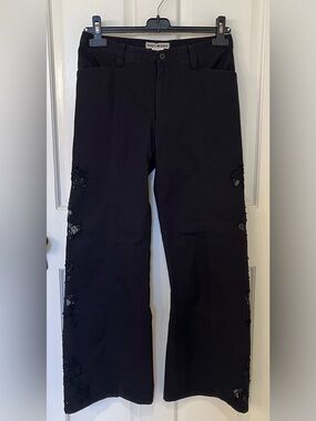Rare! Issey Miyake black cotton wide leg pants with side lace detailing. Size 4